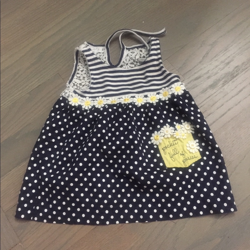 Cute baby dress, blue & white stripes polka dots